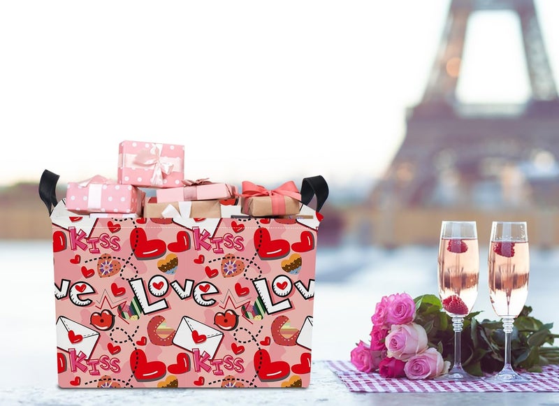NTAOHAMPER Rectangular Heart Print Storage Basket Empty,Collapsible Gift Basket with Handles,Books Box,Room Decor(Love Letter) - Image 3